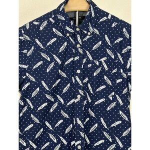 Carbon Mens Short Sleeve Button Up Shirt S Navy Feather Polka Dots Beach Preppy